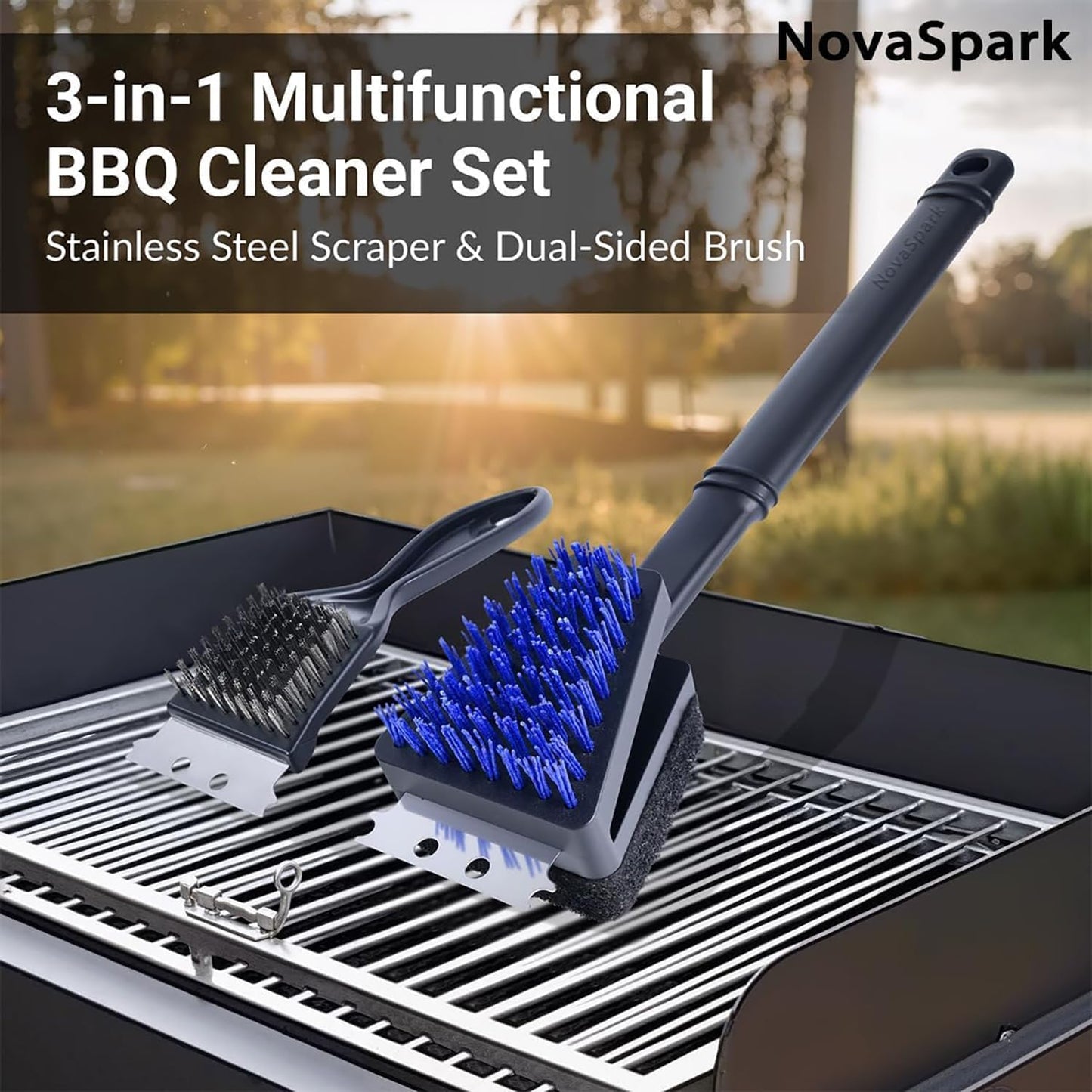 Skiennix Nylon Grill Brush - Safe Bristle-Free BBQ Cleaner Kit | 3-Piece Outdoor Grill Scraper Set