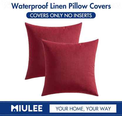 MIULEE Outdoor Throw Pillow Covers - Waterproof Decorative Linen Cushion Shams | 18x18 Inch, Burgundy Red - Pack of 2