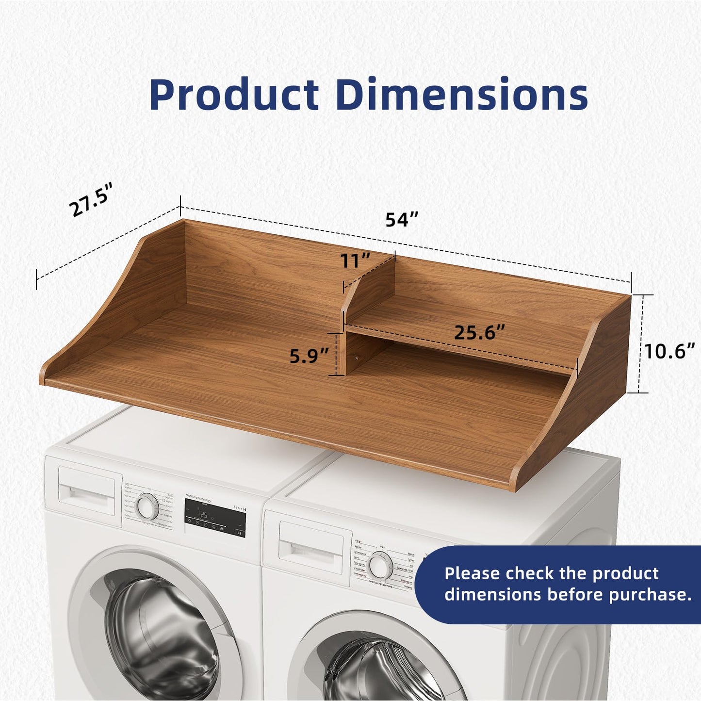 Memobarco 2 Tiers Washer Dryer Countertop, 54" Width x 27.5" Depth Laundry Countertop Organization, Wooden Washer and Dryer Topper for Folding, Sorting & Ironing, Easy to Install, Walnut