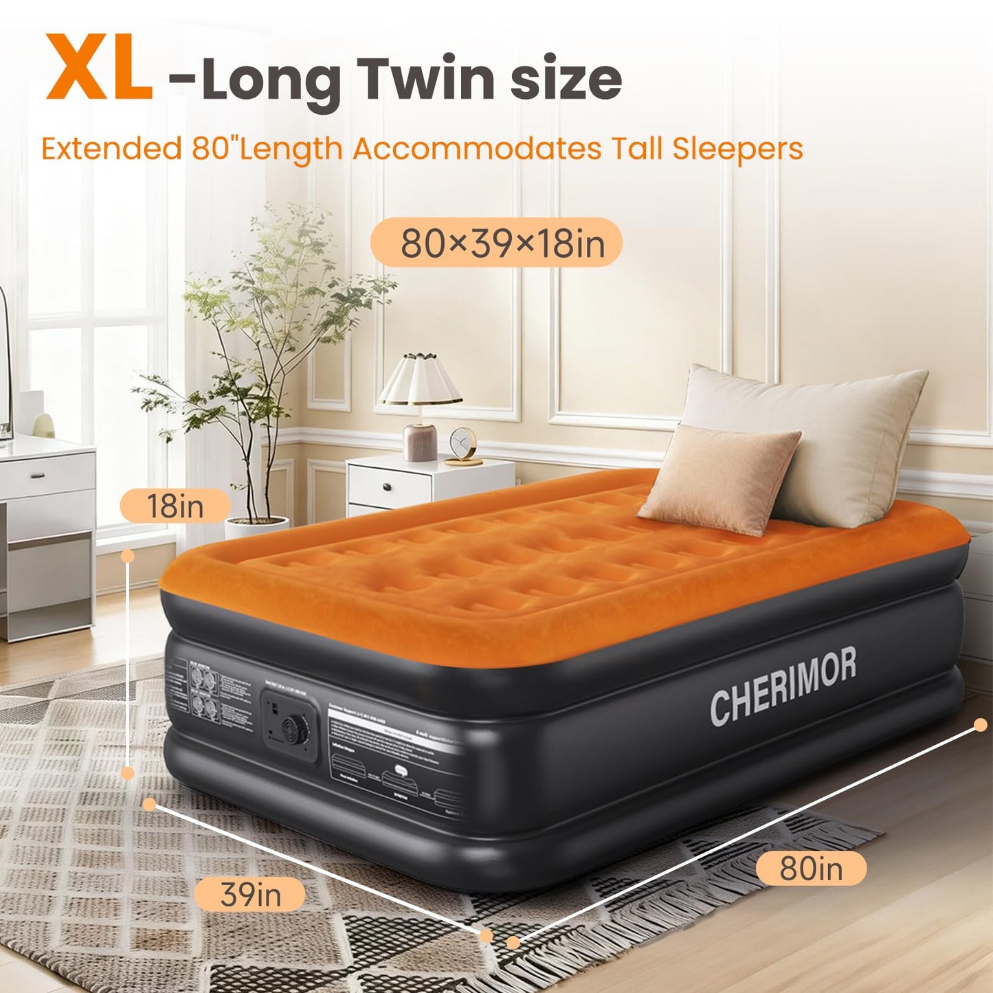 CHERIMOR Twin XL Air Mattress with Built-in Pump, 80" Extra Long, Reinforced Support Design, Stable & Durable, 500 lbs Capacity, 2-Min Fast Inflation, Portable Blow Up Bed for Home Guests & Travel