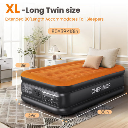 CHERIMOR Twin XL Air Mattress with Built-in Pump, 80" Extra Long, Reinforced Support Design, Stable & Durable, 500 lbs Capacity, 2-Min Fast Inflation, Portable Blow Up Bed for Home Guests & Travel