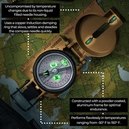 Cammenga US Military Tritium Lensatic Compass Coyote Brown - Hand Held Military Compass with Clam Shell Storage Case and Waterproof Pouch