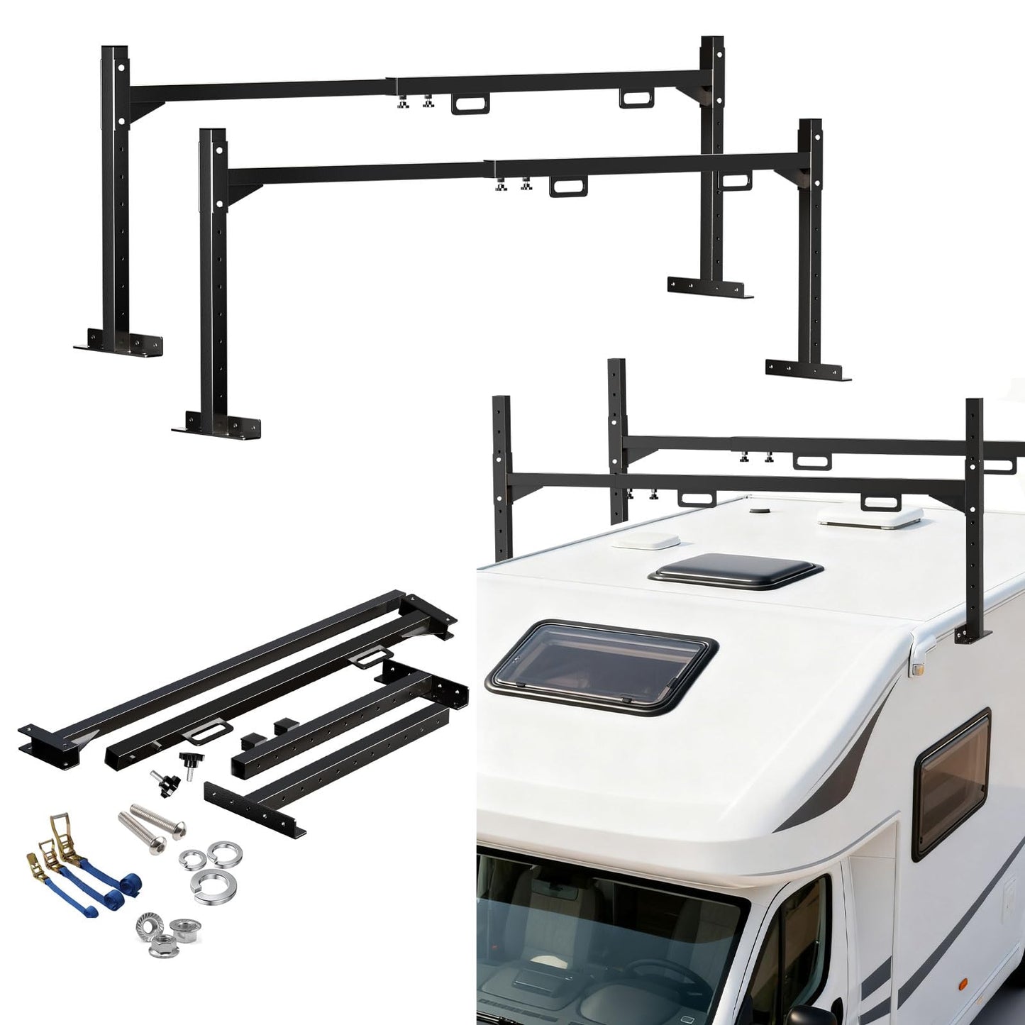 Trailer Ladder Rack, 4.1'-7.2' Adjustable Heavy Duty Ladder Holder for Enclosed & Open Trailers, Black Ladder Rack with Secure Ladder Stopper for Transport
