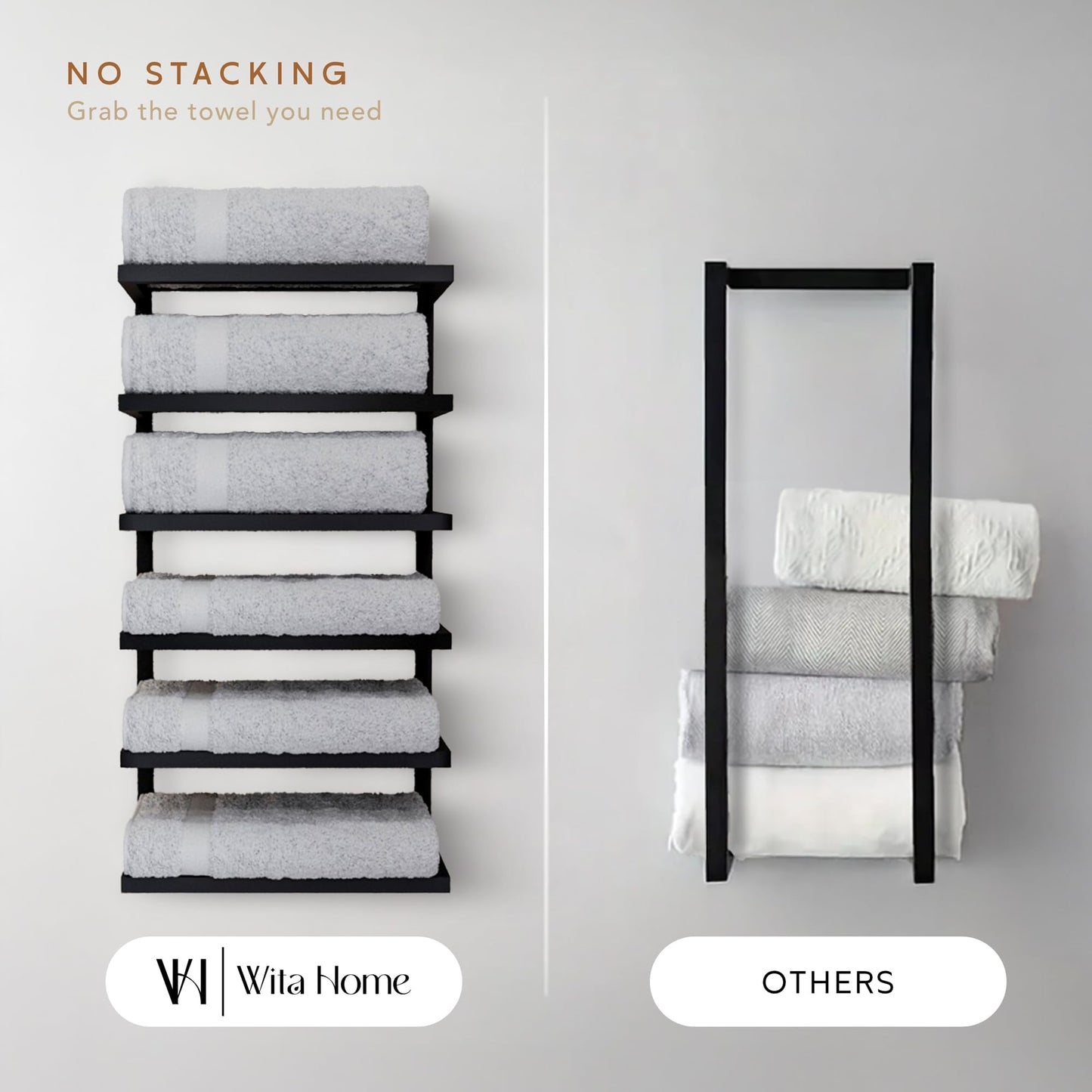 Wita Home Modern 5-Tier/6-Tier Towel Rack - Wall-Mounted Black Metal Towel Shelf for Bathroom, Space-Saving Storage for Towels, Organizers, and Home Decor (6-Tier)