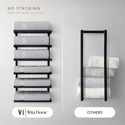 Wita Home Modern 5-Tier/6-Tier Towel Rack - Wall-Mounted Black Metal Towel Shelf for Bathroom, Space-Saving Storage for Towels, Organizers, and Home Decor (6-Tier)