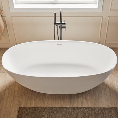 Cpingao 63" Solid Surface Freestanding Bathtub, Modern Oval Shape Soaking Tub, Stone Resin Stand Alone Bathtub with Drain & Integrated Slotted Overflow Matte White 8845-1600