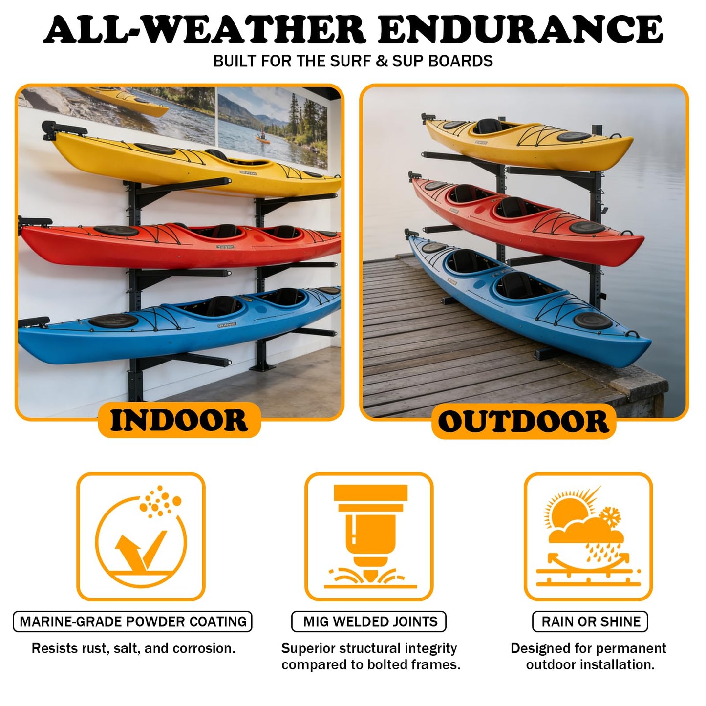 LAJIAOZ Heavy Duty Kayak Storage Rack for Dock/Garage, Adjustable Freestanding Kayak Stand or Wall Mount Kayak Rack, 3-Tier Indoor Outdoor Canoe Storage Rack for 3-4 Kayaks, SUP & Paddleboard