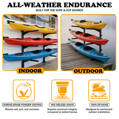 LAJIAOZ Heavy Duty Kayak Storage Rack for Dock/Garage, Adjustable Freestanding Kayak Stand or Wall Mount Kayak Rack, 3-Tier Indoor Outdoor Canoe Storage Rack for 3-4 Kayaks, SUP & Paddleboard