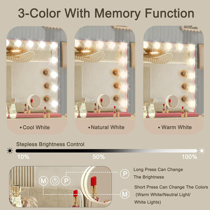 Hollywood Vanity Mirror with Lights, 15 Dimmable Bulbs, 3 Color Lights,Make Up Lighted Mirror, Aluminum Metal Frame, USB Charging Port（23" x 18"）