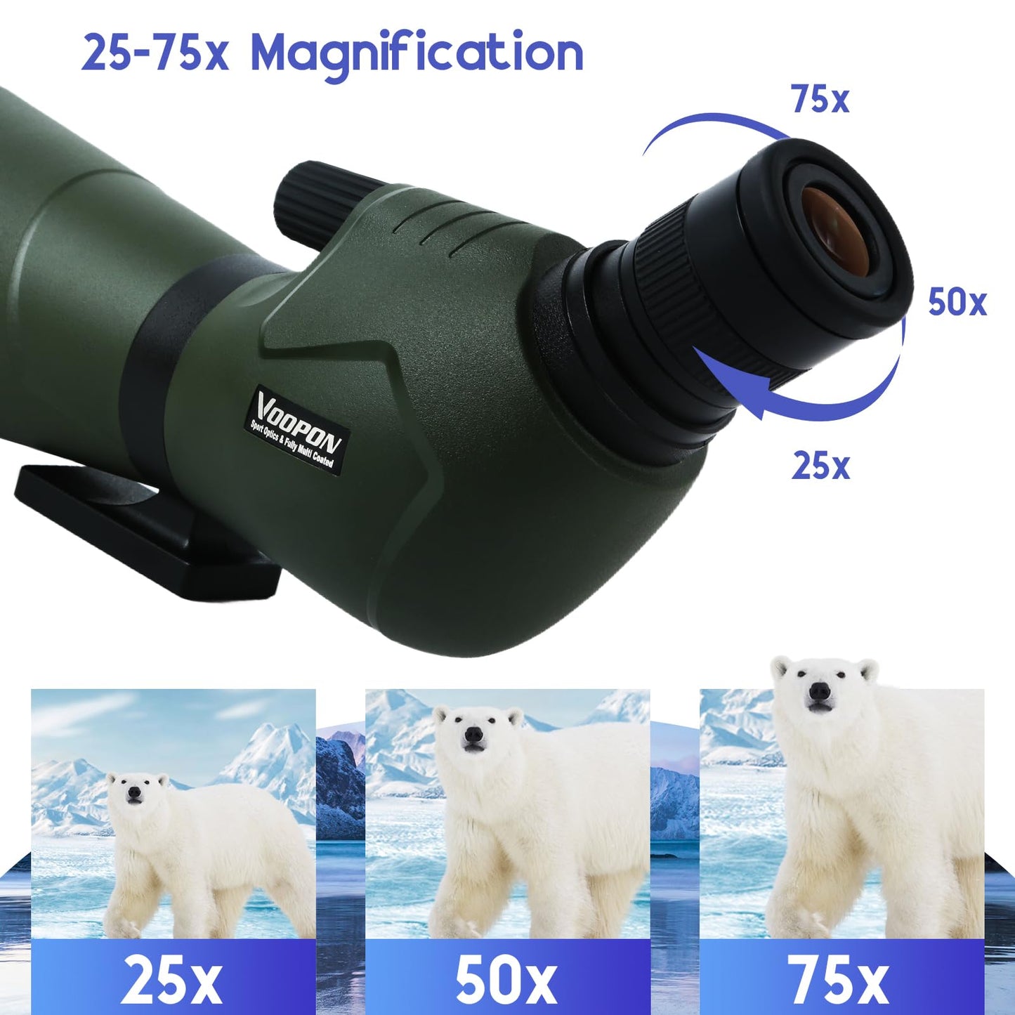 Voopon 25-75x80 Compact Spotting Scope Ultra Bright HD Lens Waterproof Frogproof Nitrogen Filled with Phone Adapter Tripod for Target Shooting, Hunting, Bird Watching, Wildlife Viewing