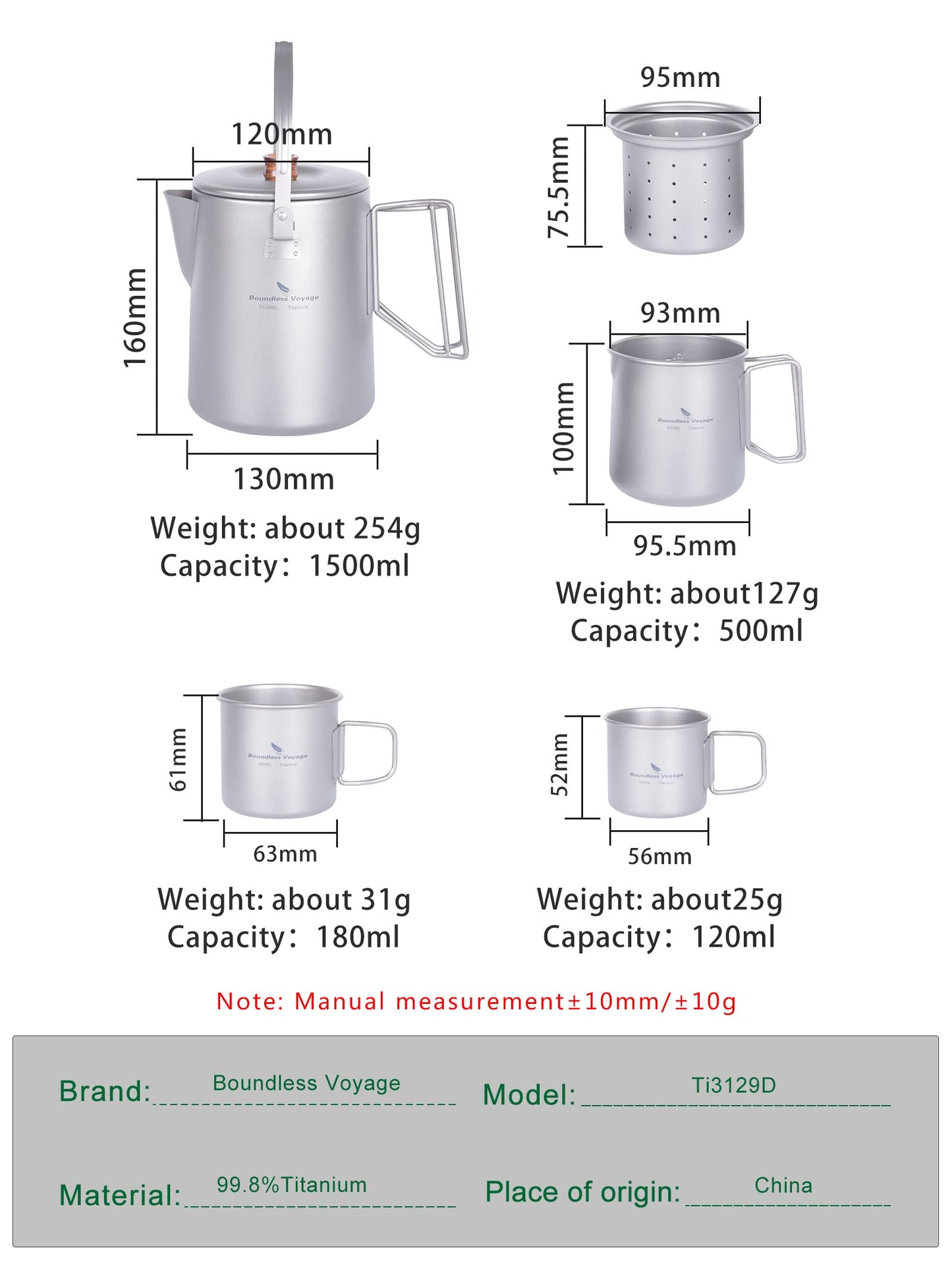 Boundless Voyage Titanium Camping Coffee Pot 1500ml Barista Kettle for Making Coffee, Boiling Water - Outdoor Traveling Campfire Stovetop Fast Brew (Kettle+3 Cups Set)