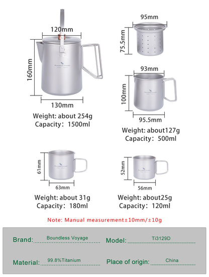 Boundless Voyage Titanium Camping Coffee Pot 1500ml Barista Kettle for Making Coffee, Boiling Water - Outdoor Traveling Campfire Stovetop Fast Brew (Kettle+3 Cups Set)