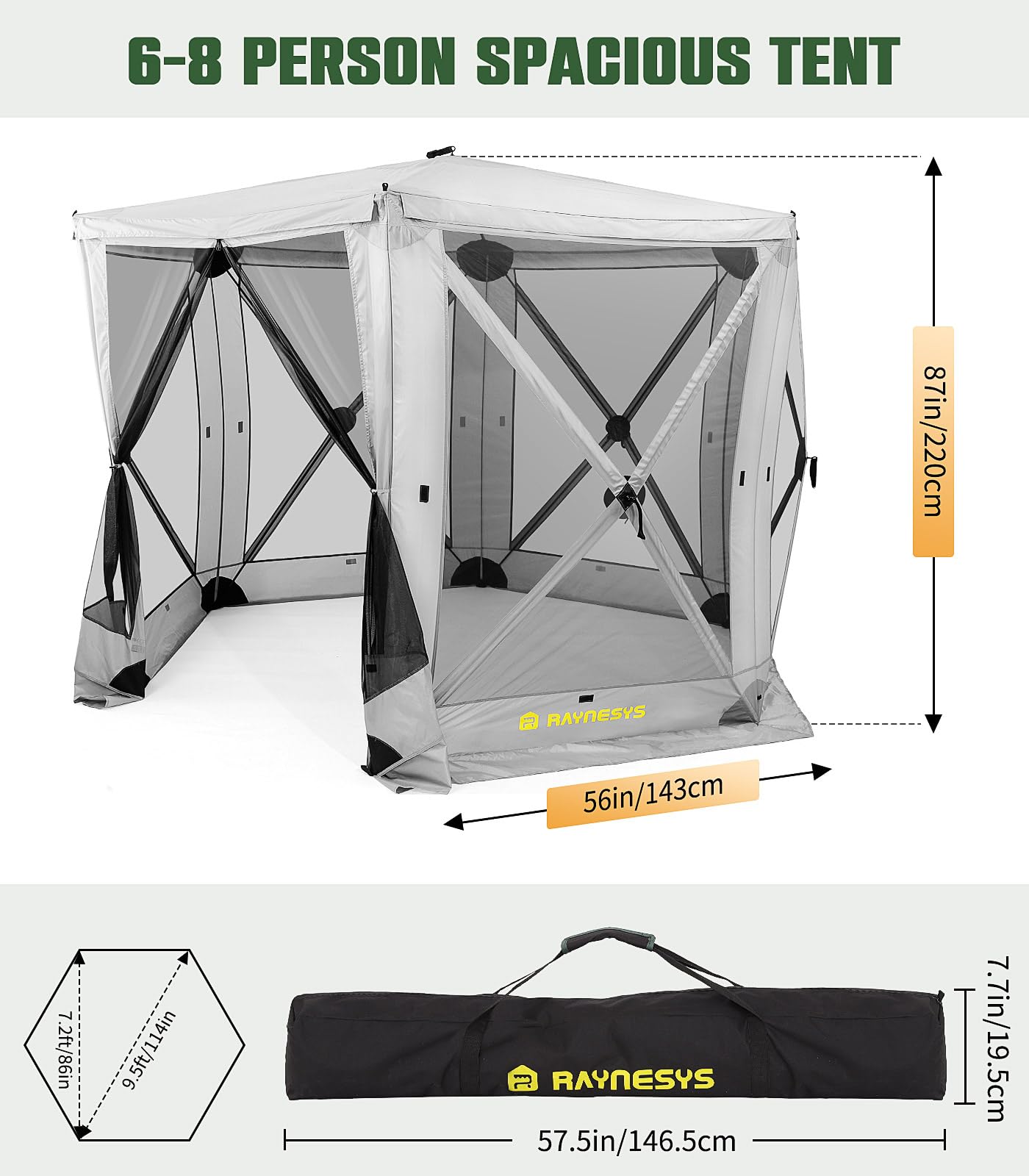 Raynesys 6 Sided Pop Up Gazebo Tent, Camping Screen Tent for 6-8 Person Foldable, Pop-Up Canopy Shelter with Mesh Windows, UV Resistant, Quick Set, Outdoor Gazebo with 6 Removable Wind Cloths, Gray