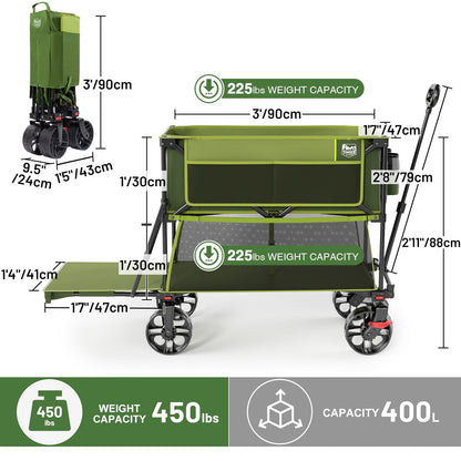 TIMBER RIDGE 400L Large Capacity Folding Double Decker Wagon with Brakes, 54" Extra Long Extender Wagon Cart, 450lbs Heavy Duty Collapsible Cart, All-Terrain Big Wheels for Camping, Sports, Shopping