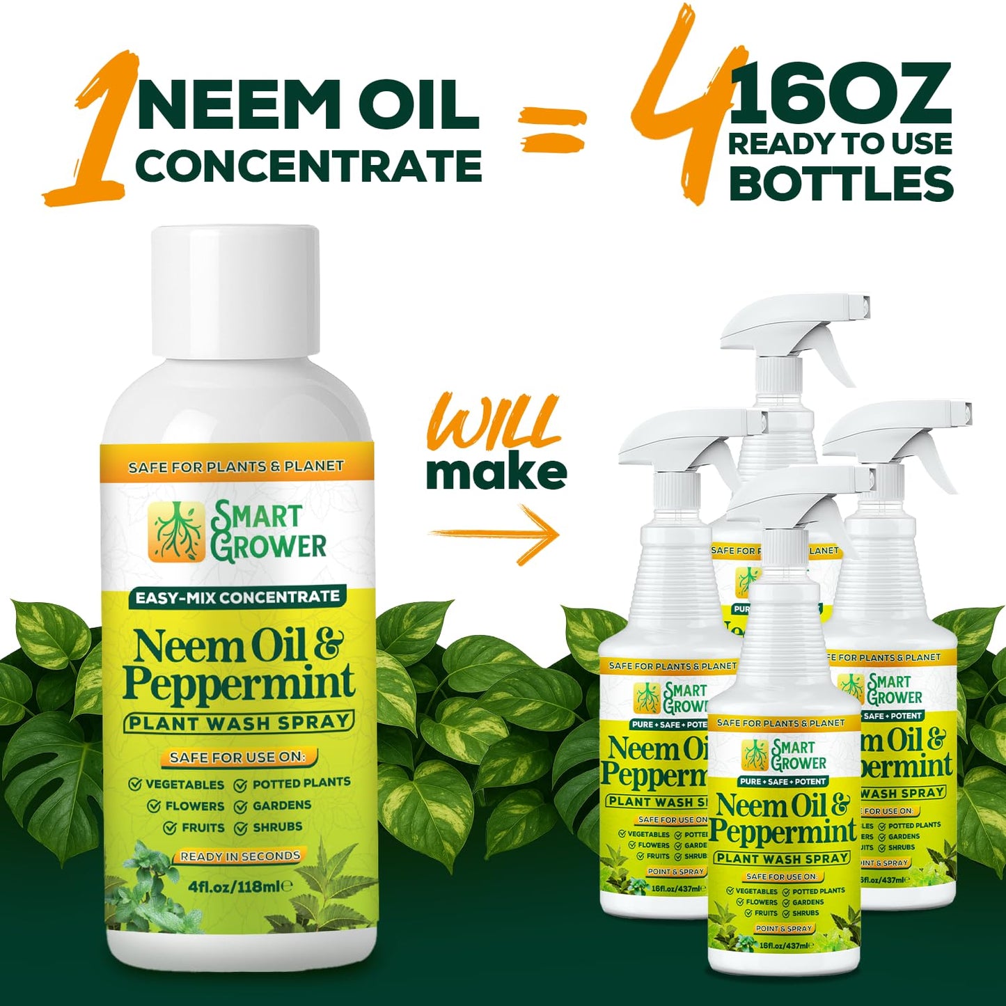 Neem Oil Spray for Plants by [Brand Name] - Peppermint Oil Formula for Indoor & Outdoor Use | 4 oz Concentrate Makes 1/2 Gallon Ready-to-Use