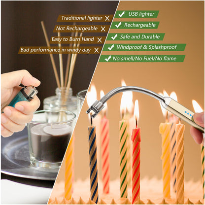 MEIRUBY Lighter Electric Candle Lighter Birthday Women's Day Gifts for Women Mom Wife Men, Long Electronic Rechargeable USB Lighter Arc Windproof Flameless Lighters for Candle Camping BBQ (Gold)