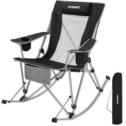 FUNDANGO Rocking Camping Chair, High Mesh Back Portable Folding Camp Chairs with Pillows, Cup Holder and Carry Bag for Lawn Patio Garden Outdoor Supports 300 Lbs (Black/Grey)