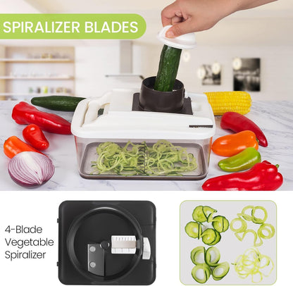 RüK Vegetable Chopper - Extra Large 10-in-1 Multifunctional Cutter with 6 Blades & 4 Spiralizers | Includes E-Recipes