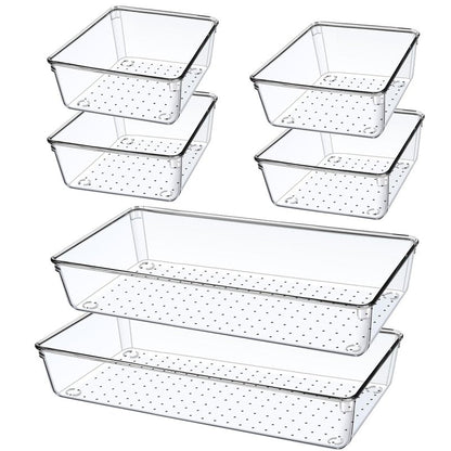 6 PCS Large Size Clear Plastic Drawer Organizer Tray, 12'' Acrylic Vanity Bathroom Drawer Organizers Trays, Desk Drawer Organizer Bins for Cosmetic, Makeup, Kitchen, Office Drawer Divider Organization