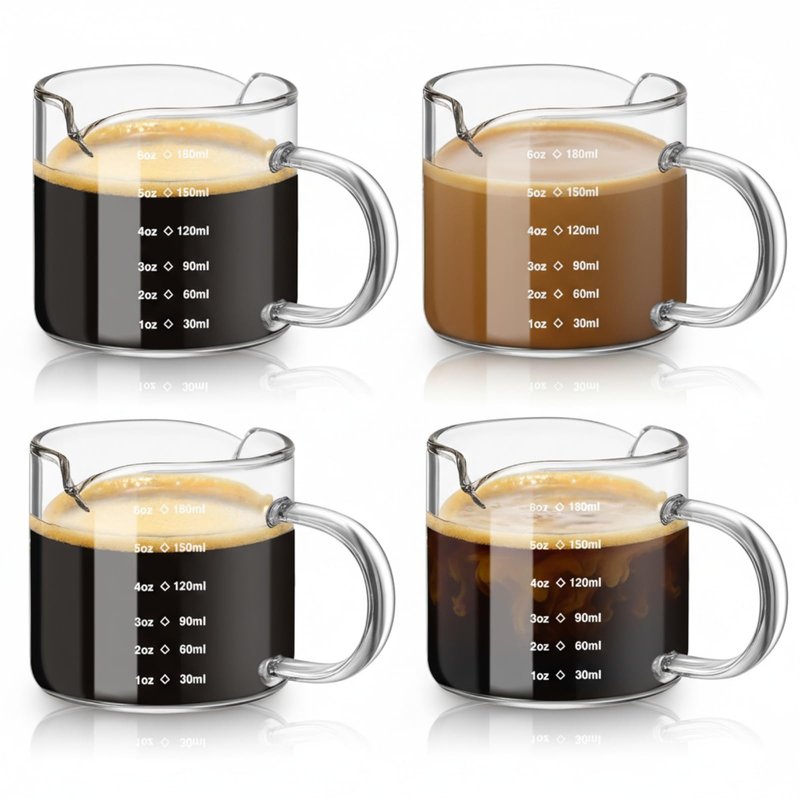 Patelai 4 Pcs 6oz/180ml Espresso Cups, Glass Measuring Cups with Double Spouts & Handle, Scale Espresso Shot Glass Milk Frothed Cup Coffee Accessories for Machines, Milk Frothed, and Bars