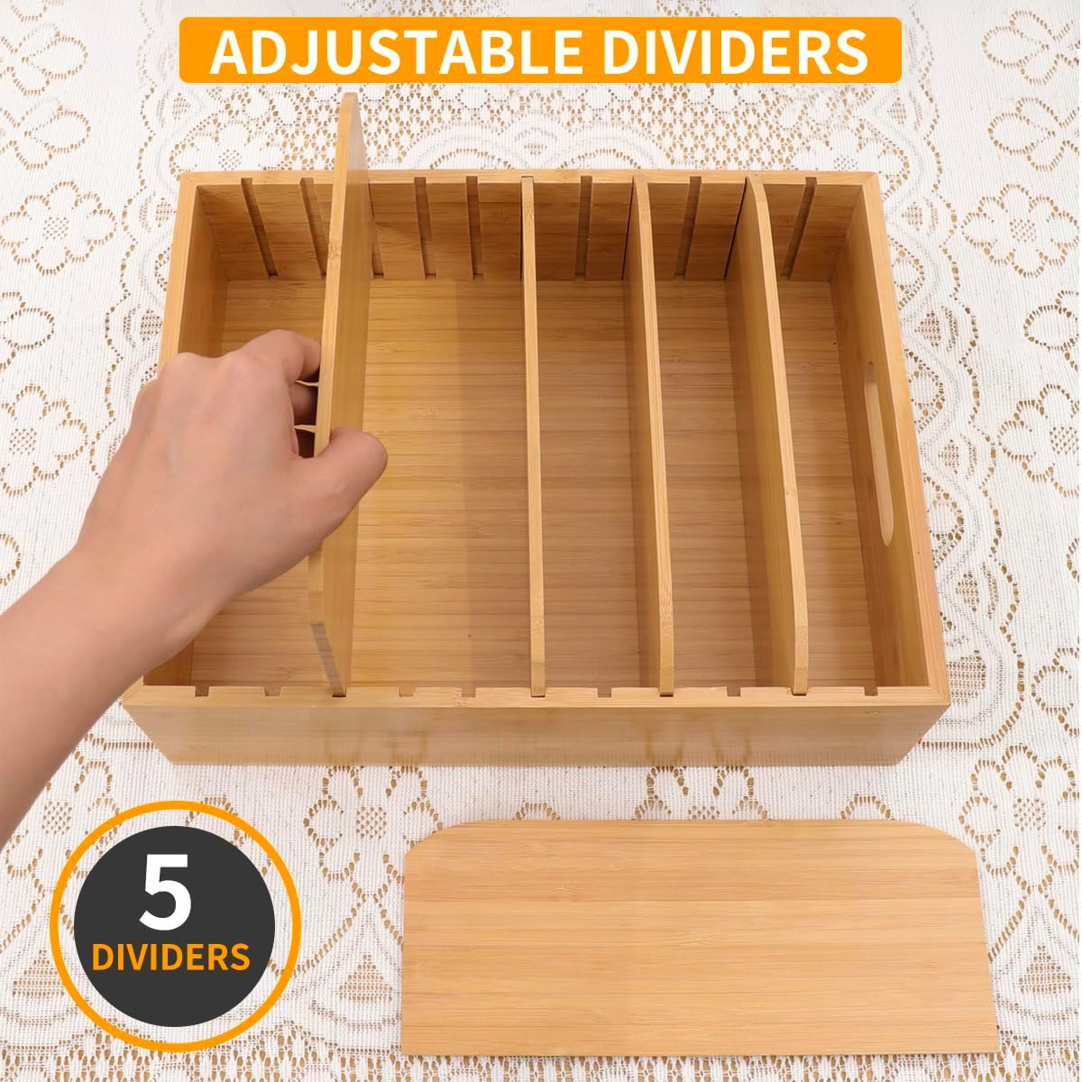 Bamboo Lid Holder | Kitchen Organizer with 5 Adjustable Dividers | 2-Piece Food Container Set