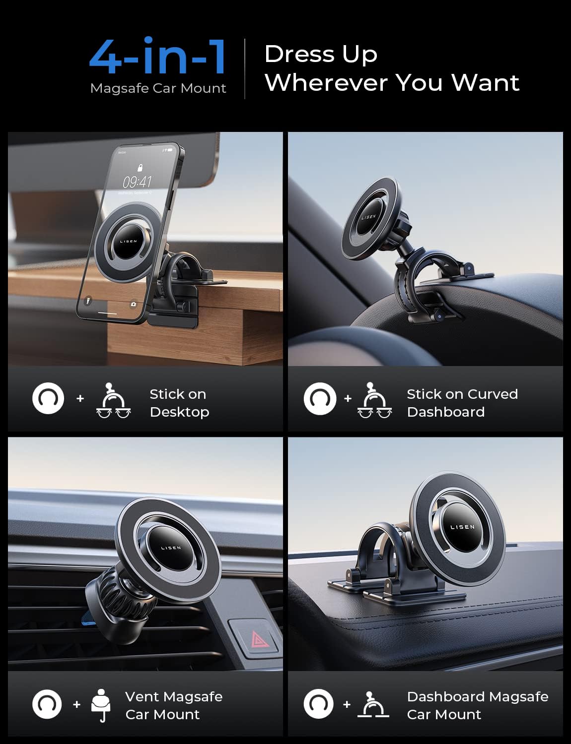 LISEN for MagSafe Car Mount [360° Rotation] Magnetic Phone Holder for Car Vent Phone Mount, Hands Free Phone Mount for Car Accessories, Phone Car Mount for iPhone Includes Vent/Dashboard Mount, Black