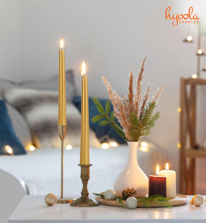 12 Pack Tall Taper Candles - 12 Inch Metallic Gold Dripless, Unscented Dinner Candle - Paraffin Wax with Cotton Wicks - 10 Hour Burn Time