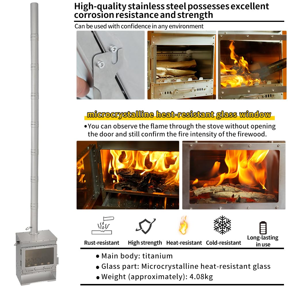 Soomloom Titanium Secondary Burning Fireplace VistaV Smokeless Wood Stove Glass Window Portable Firewood Heater Tent Cooking BBQ Campfire Outdoor Camping Warmer, 43x27x37