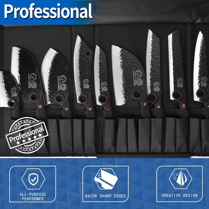 XYJ Professional Serbian Chef Knife Set with Roll Bag, Japanese Culinary Knives, Meat Cleaver, Kitchen Chopping Knife, and Protective Sleeves, Perfect for Home Cooking or Outdoor Camping (13)