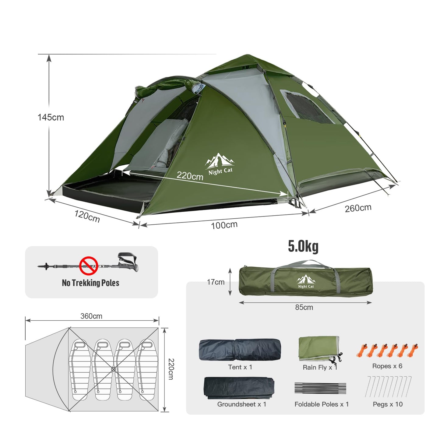 Night Cat Pop Up Tent 2-3 Persons Instant Set Up Tent with Footprint Tarp & Porch, Automatic Double Layer Waterproof Camping Tent with Rainfly Trekking Pole Not Included