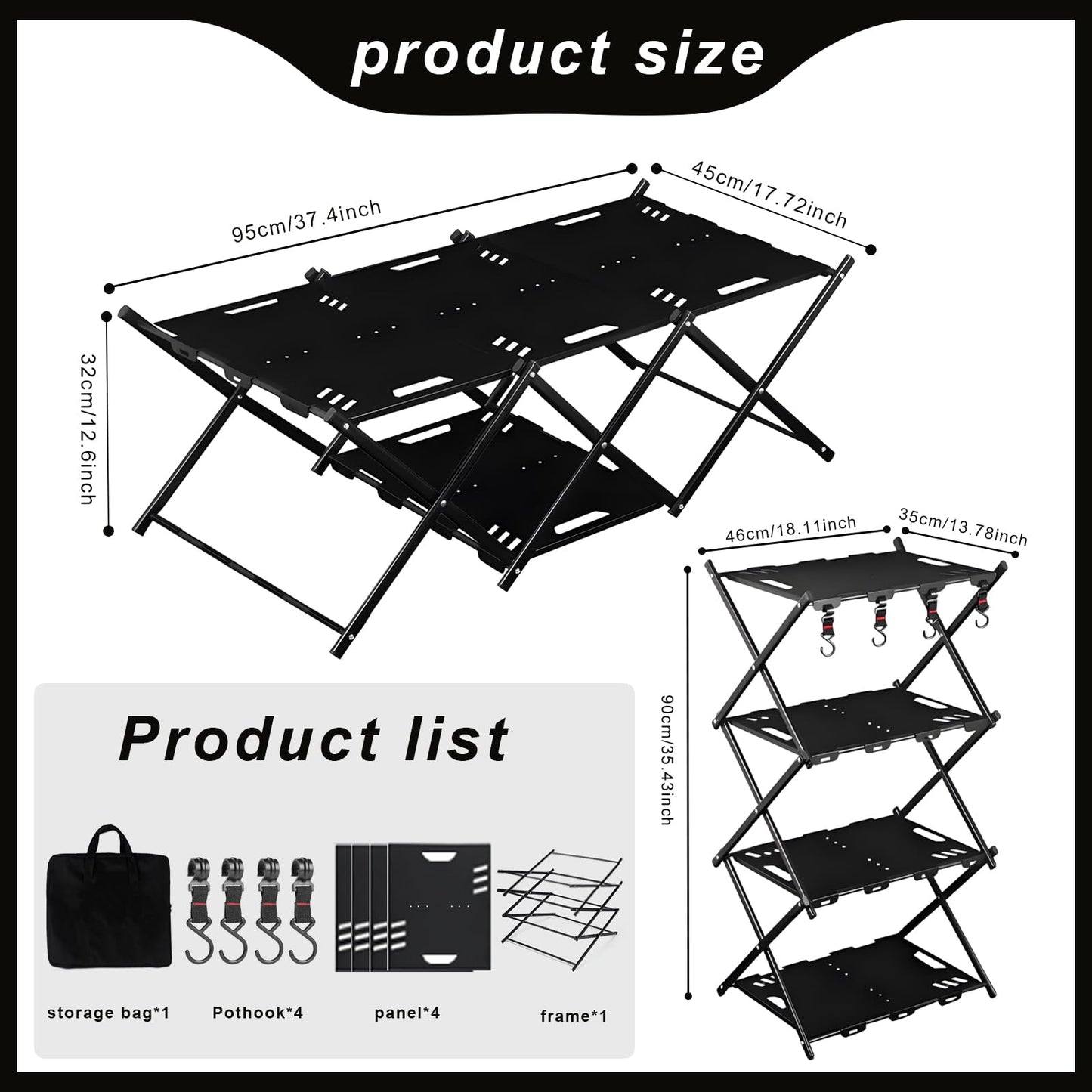 CGLRybO Folding Camping Table Portable Multi-Functional 4-Tier Picnic Rack Carbon Steel 37" with Storage Bag and 4 Hooks Indoor Outdoor, Heavy Duty, Portable, for Picnic, Party, Camping