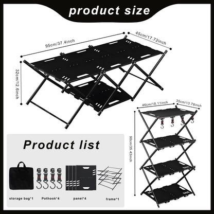 CGLRybO Folding Camping Table Portable Multi-Functional 4-Tier Picnic Rack Carbon Steel 37" with Storage Bag and 4 Hooks Indoor Outdoor, Heavy Duty, Portable, for Picnic, Party, Camping