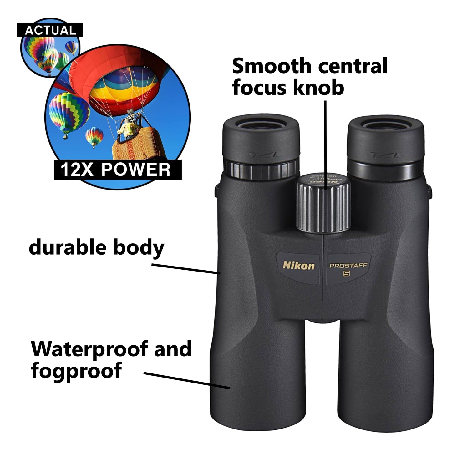 Nikon PROSTAFF 5 12x50 (7573) Black Binoculars Bundle with Lens Pen and Cleaning Cloth, Compact Binoculars for Adults for Hunting, Bird Watching, and Hiking Essentials, Zoom, Travel