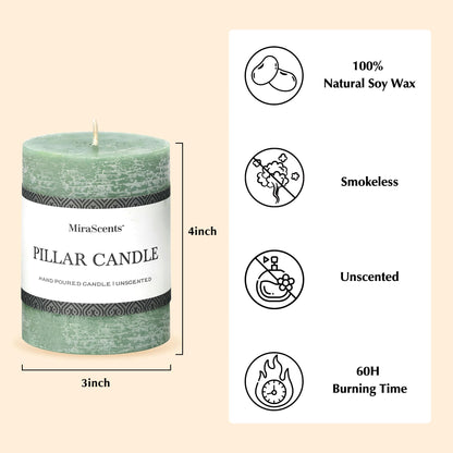 3x4 Inch Sage Green Pillar Candles - Set of 3, Unscented, Long Burning, Smokeless Dripless Candles for Spring Home Decor, Dinner Table, Bathroom, Rustic Decor