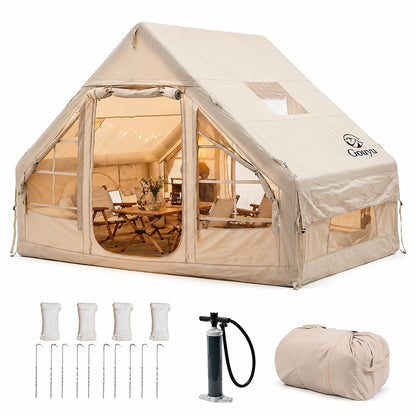 Gouyu 4-6 Person Inflatable Camping Tent, Panoramic TPU Skylight & Privacy Cover, 420D Oxford Waterproof UPF30+, PVC Air Beams, Mesh Ventilation, 5-Min Quick Setup Blow Up Tent for Family (A)