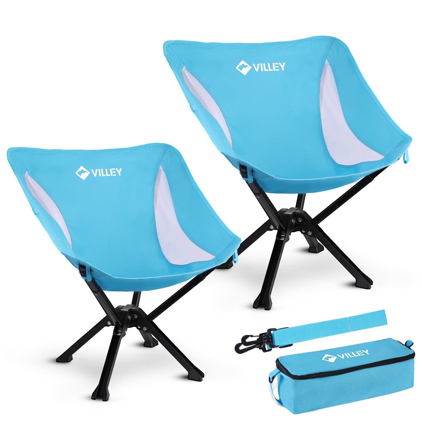 VILLEY Portable Folding Chair Lightweight Camping Chair No Assembly Needed, Quick Setup for Beach, Hiking, Supports 330 LBS, Blue, 2 Pack