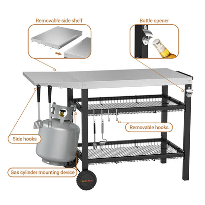 onlyfire Pizza Oven Table Cart for Ooni, Ninja Woodfire, Blackstone Griddle, Cuisinart Pizza Oven, Outdoor Stainless Steel Food Prep Table Movable Food Prep Cart Grill Stand with Storage Basket