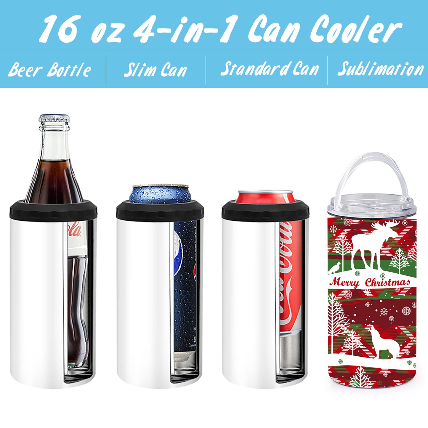 12 Pack16 OZ 4-in-1 Skinny Can Cooler Double Wall Stainless Steel Insulated Can Holder, Sublimation Slim Skinny White Stainless Steel Can Cooler,Sublimation Tumbler