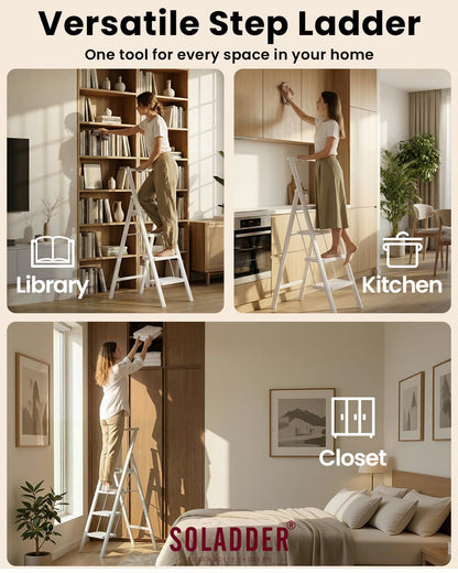 SOLADDER 4 Step Ladder with Handrails, Anti-Slip and Foldable Step Stool with Widen Pedals, Portable Stepladders for Home, Kitchen and Indoor, Space Saving, Iron Material, 300lbs, White