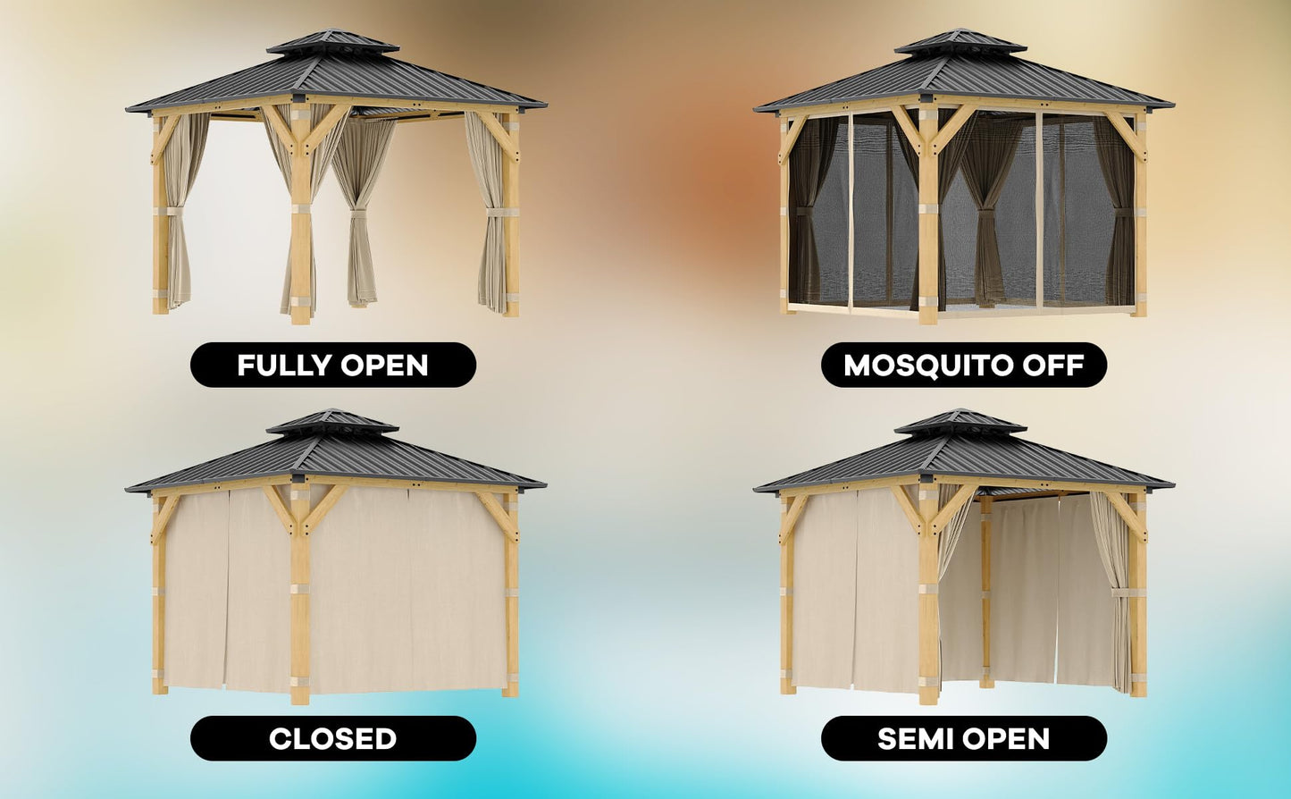 10 x 10 Ft Wood Gazebo, Hardtop Gazebo with Galvanized Steel Peak Roof, Outdoor Pavilion with Curtains and Netting, Patio Permanent Wooden Pavilion, Shade for Garden, Patio, Deck