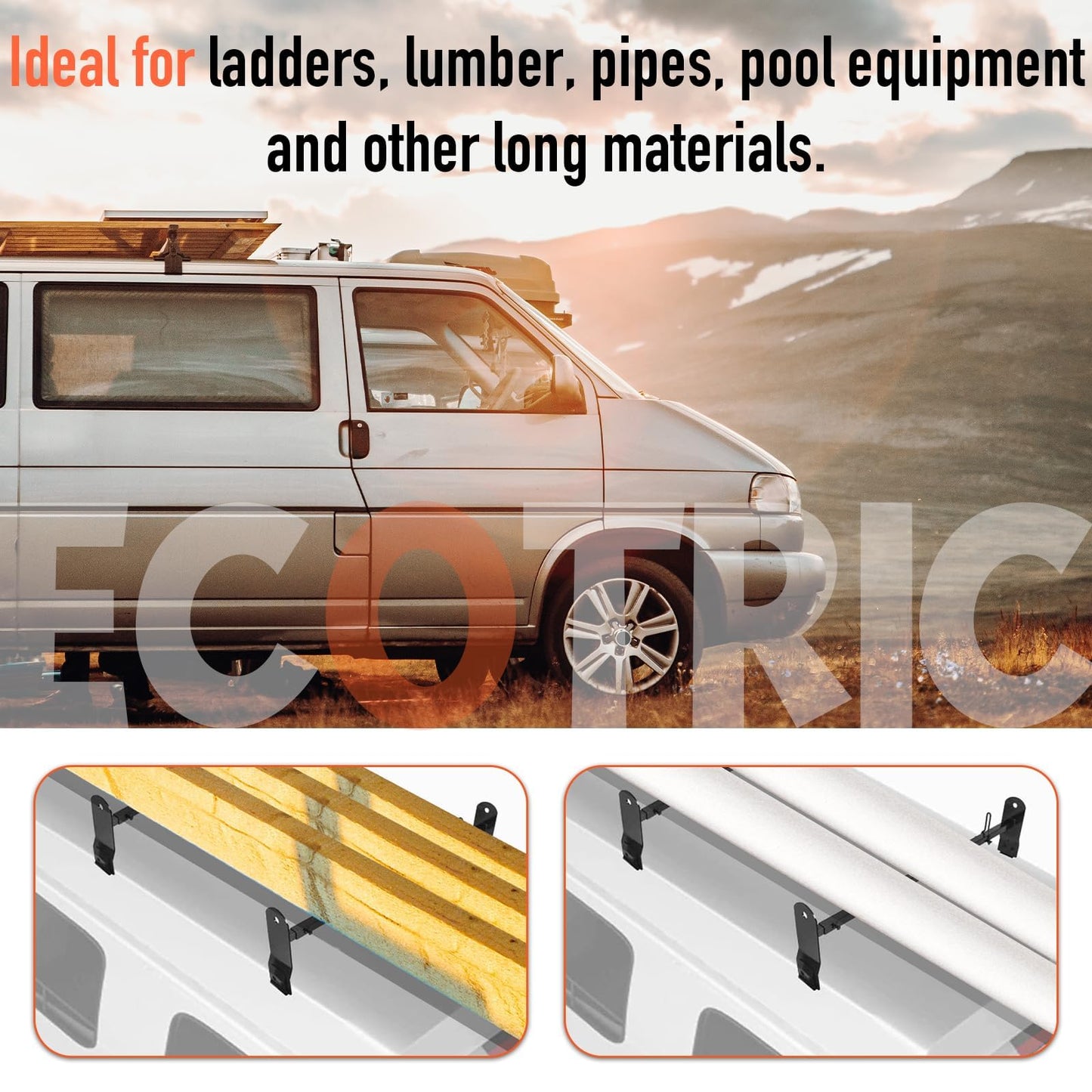 ECOTRIC Cross Bar 53"-66" Compatible with 1999-2022 Chevy Express 2500 3500/GMC Savana 2500 3500/Ford E-150 E-250 E-350 E-450 Ladder Rack Carrier