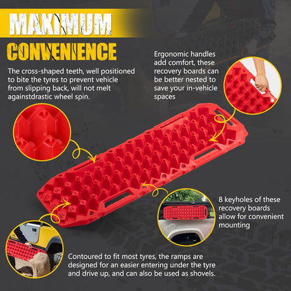 BUNKER INDUST Off-Road Traction Boards with Jack Lift Base,2 Pcs Multifunctional Recovery Track for 4WD UTV SUV Truck-Mud, Snow, Sand Tracks Red Tire Traction Mat with Carry Bag (Gen 9th)
