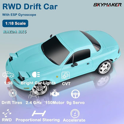 Skymaker 1/18 RC Drift Car with 3 Batteries Mazda MX-5 Miata 2.4GHz LDRC 1804 RWD Drifting Adults with ESP Gyro Pop-up Light (Blue)