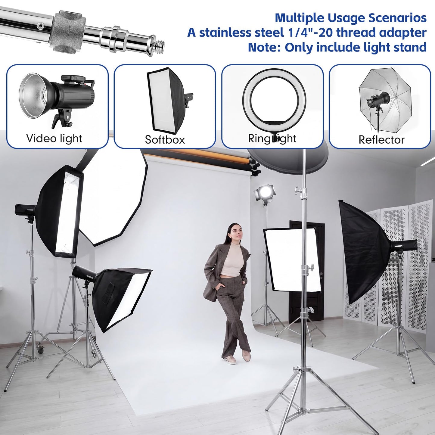 Tellegloww 4 Pack 9.2 FT Stainless Steel Light Stand Photography with 1/4” to 3/8” Screw Adapter Heavy Duty Photography Tripod Lights Stand for Strobe LED Video Lights Ring Light Monolight Softbox