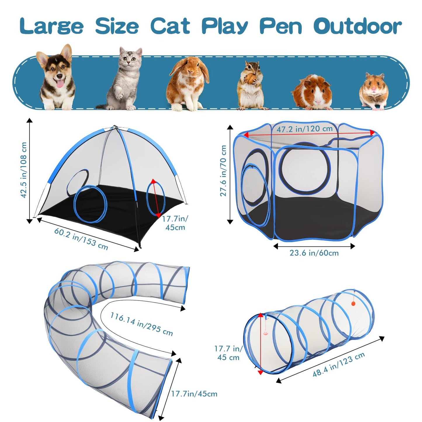 Tivray Outdoor Cat Enclosure, 5-in-1 Cat Tent Outdoor Pet Playpen with Tunnel, Portable Catio Play Pen for Outside and Indoor cat Enclosure with Storage Bag for Kitty and Small Animals