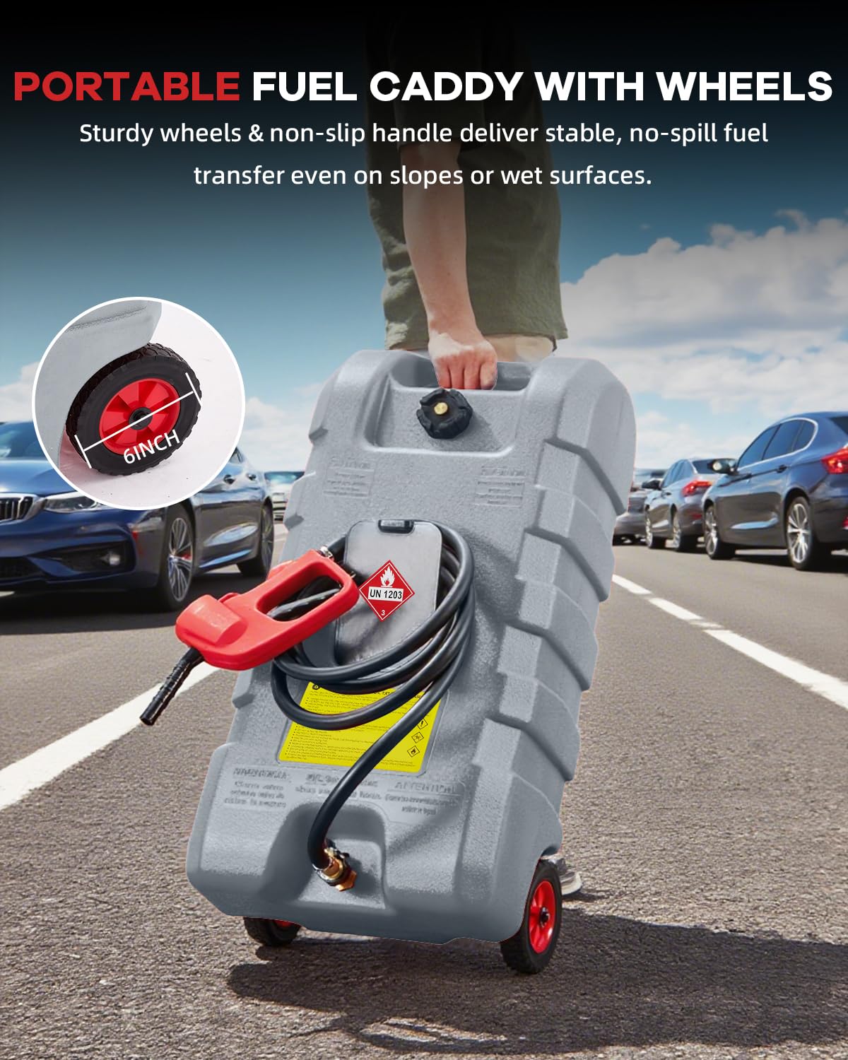 15 Gallon Gas Caddy, Heavy-Duty Gas Can and Fuel Caddy with Manual Fuel Transfer Pump, Portable Fuel Tank on Wheels with 10 ft Hose for Lawn Mowers, Cars, Boats, ATVs, Home and Farm Use, Grey