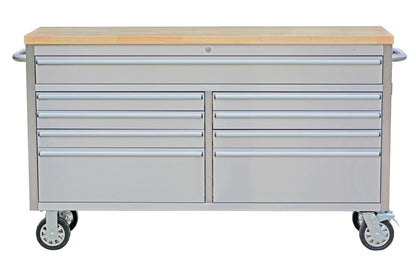 IDEALHOUSE 61 inch Rolling Tool Chest, Garage Workbench with 9 Drawers, Solid Rubber Wood Top & with Wheels Lock Key Locking, Mobile Workstation Tool Cabinet for Workshop Storage