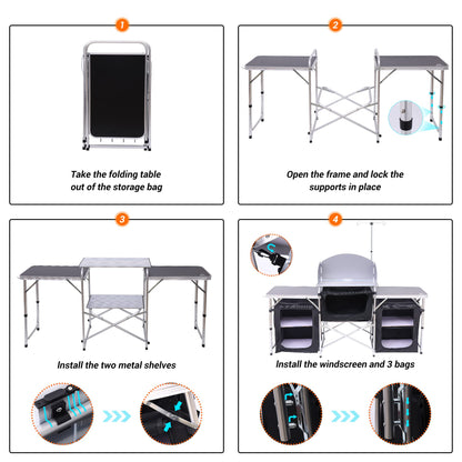 Nice C Camping Kitchen Table, Folding Grill Table, Upgrade Light Stand and Windshield Cooking Station & 3 Organizers, Carry Bag for Outdoor, Beach, BBQ, Picnic, Cooking, Indoor, Office(Silver)