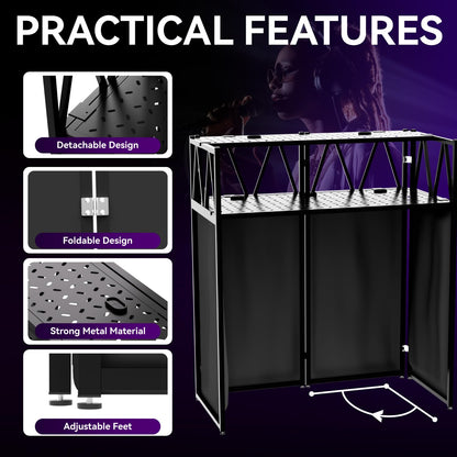 RDCMKL Two-Tier DJ Table Stand Portable Booth - 40" Dual-Layer Heavy Duty Metal DJ Stand with Laptop Shelf & 8 Scrims, Foldable DJ Event Facade with Adjustable Feet for Mobile DJ, Club, Weddings (Double Layer)