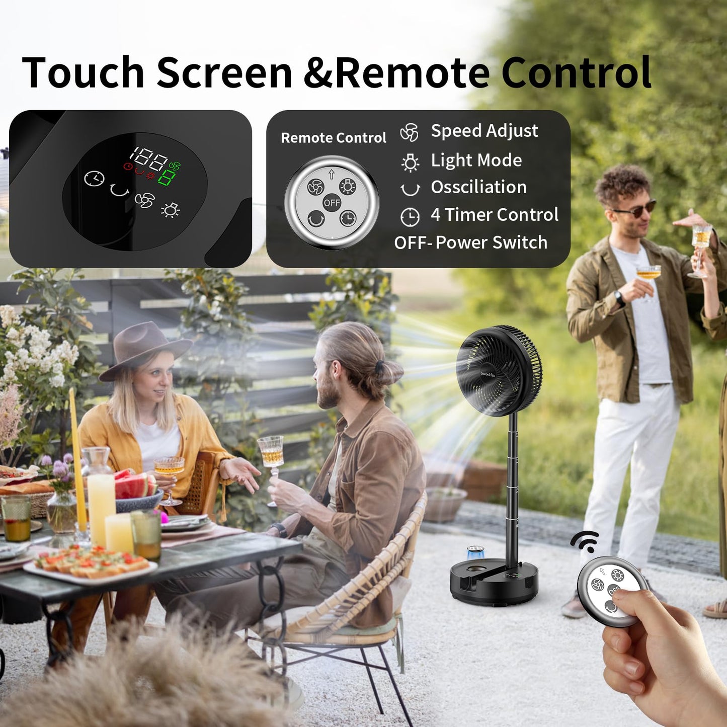 Socool 40000mAh Portable Fan Foldable Battery Rechargeable with 8 Speed & 106H, 90° Osciliating Floor Standing Fan Remote, Desk Fan with 8H Timer & LED Light for Home Outdoor Travel Camping